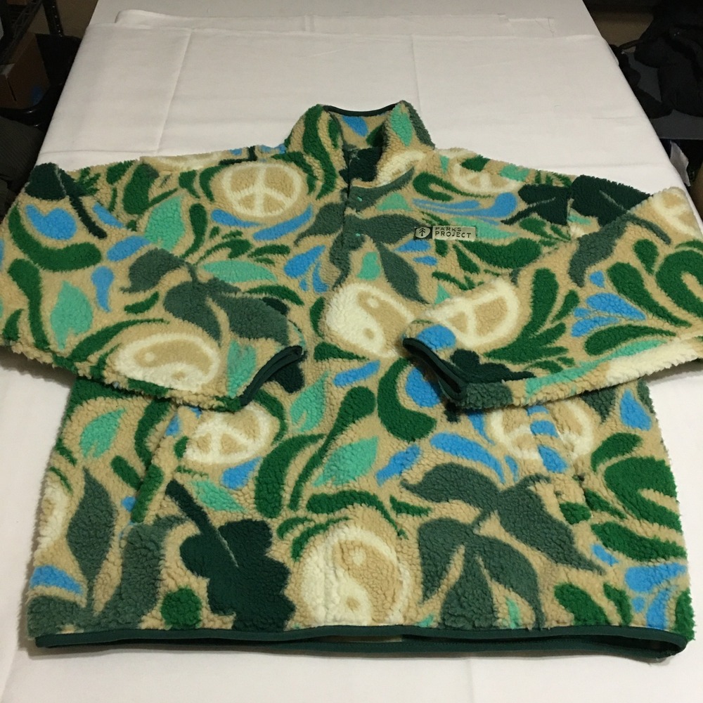 Parks Project Fleece Pullover Sweater Large Quarter Snap Green Peace Yin Yang
